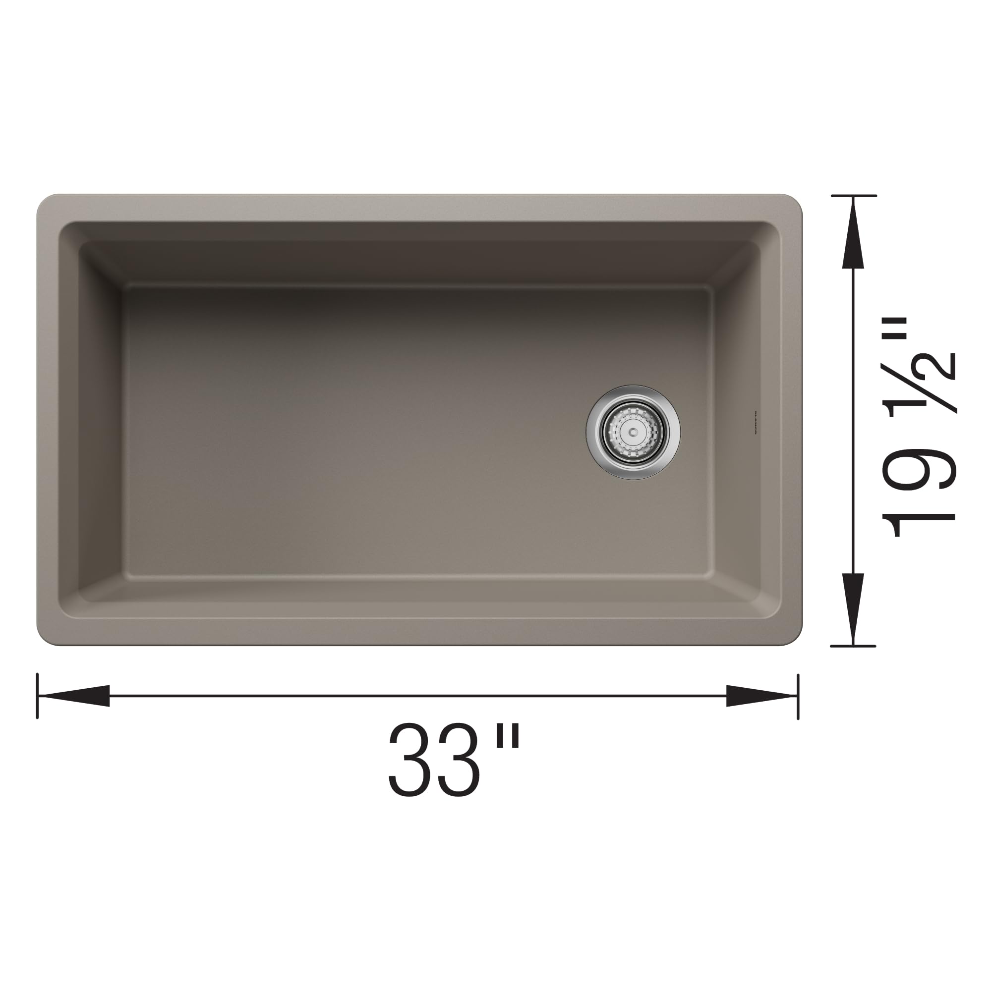 Truffle-colored single-bowl kitchen sink with rounded corners, drain strainer, and dimensions of 33 inches wide by 19 1/2 inc