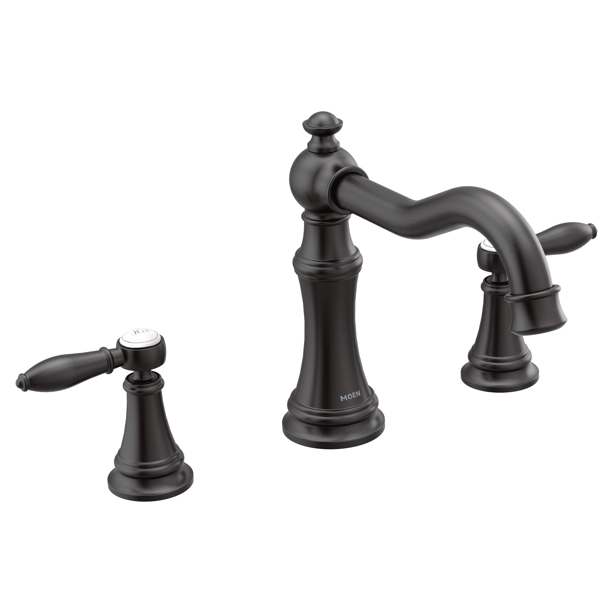 Moen Weymouth two-handle roman tub faucet with arched spout and lever handles in matte black finish.