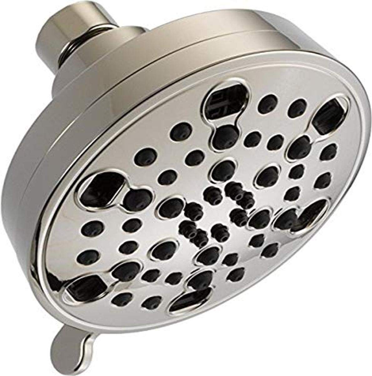 Brushed nickel Delta shower head with multiple water jets and curved mounting bracket.