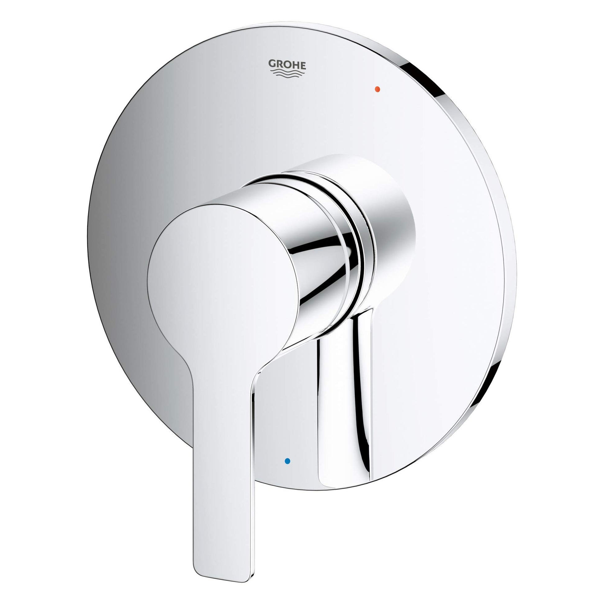 Chrome pressure balance valve trim with circular escutcheon plate and lever handle with temperature indicator dots.