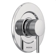 Chrome shower faucet valve with round trim plate and single lever handle for volume control.