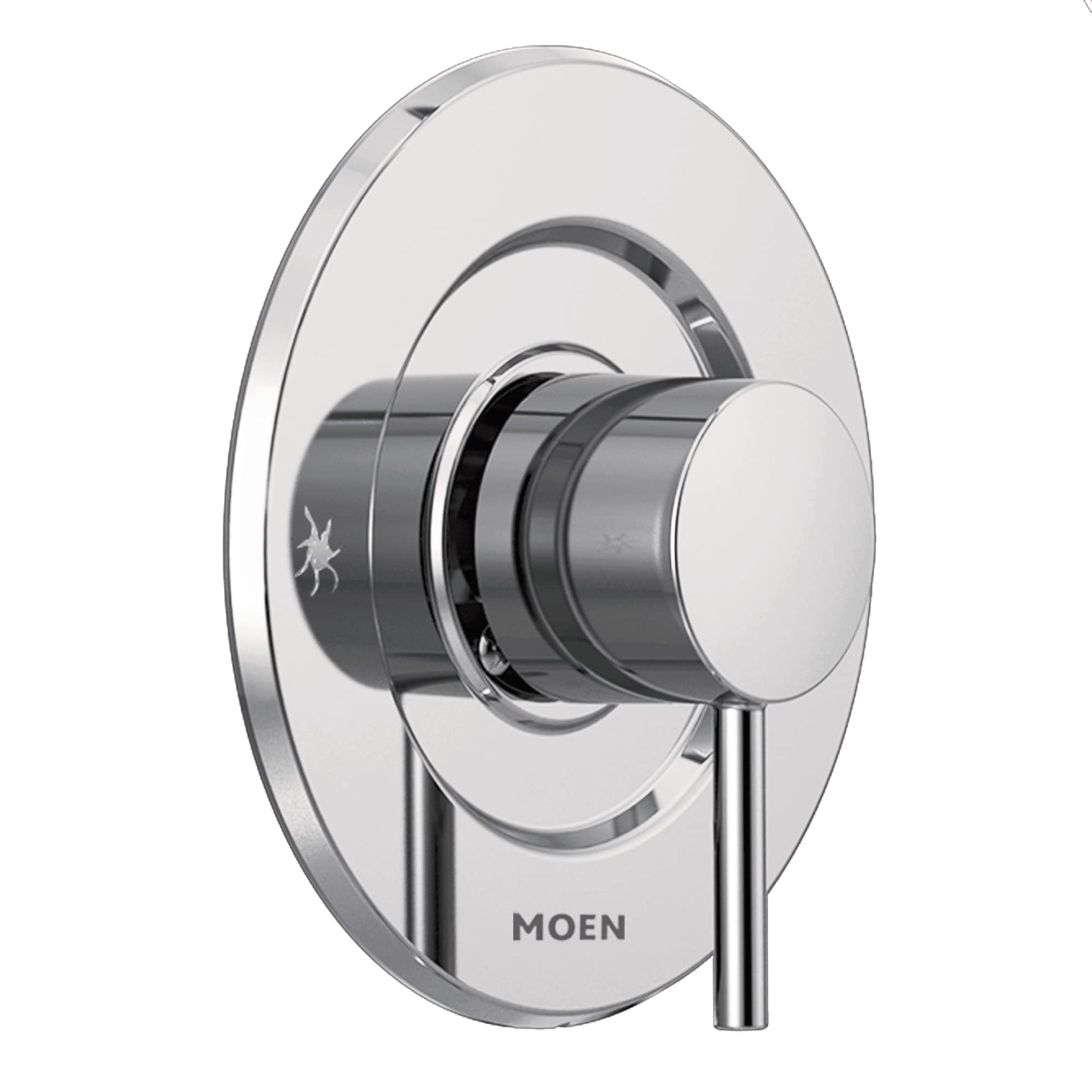 Chrome shower faucet valve with round trim plate and single lever handle for volume control.