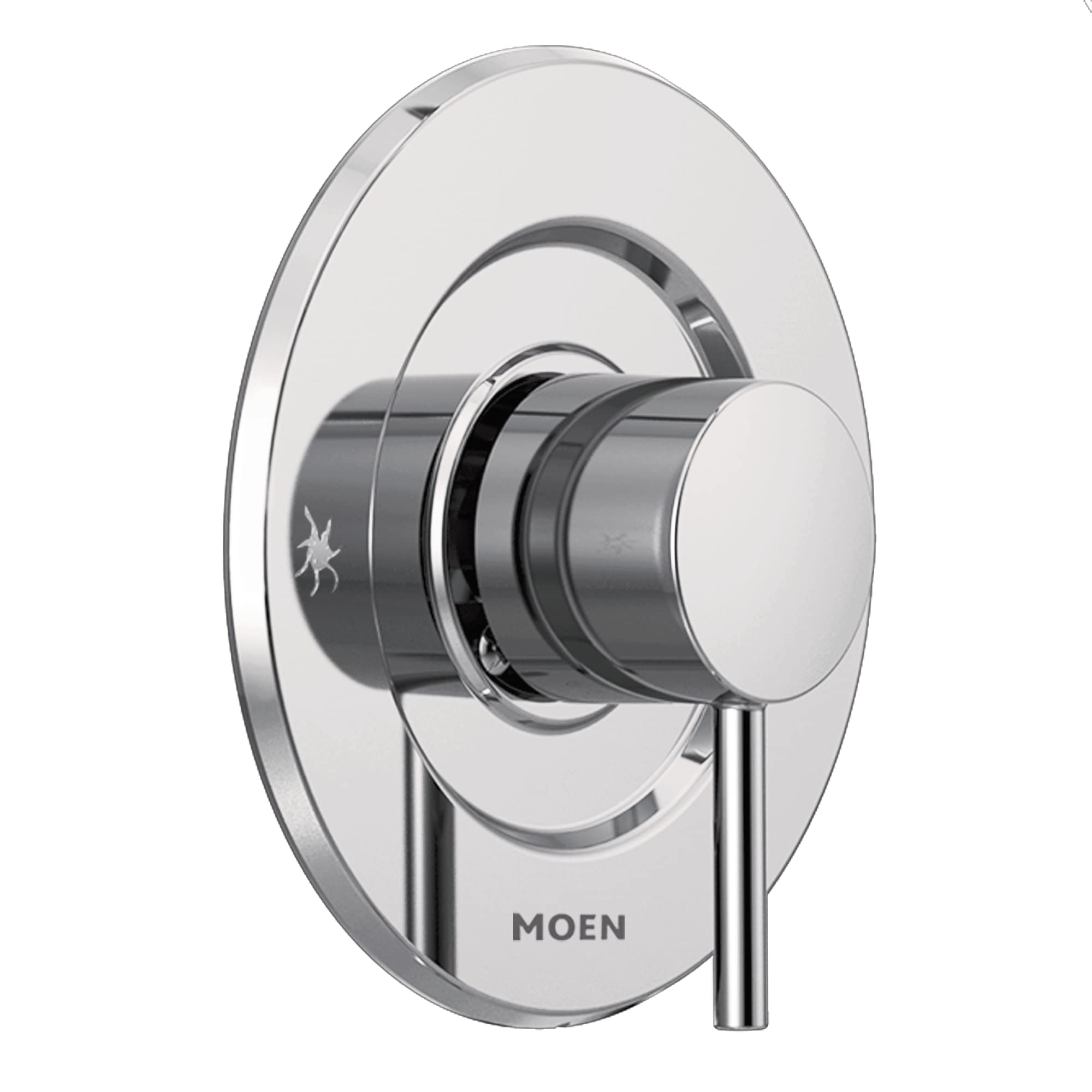 Chrome shower faucet valve with round trim plate and single lever handle for volume control.