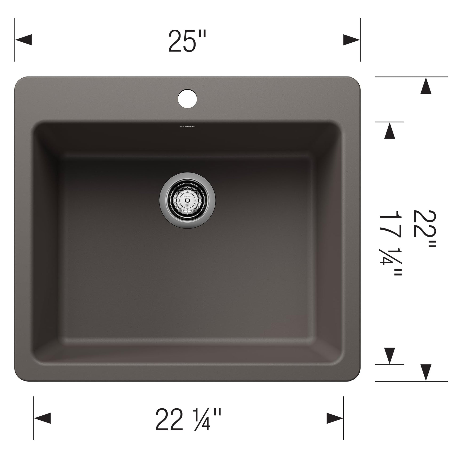 Volcano gray single bowl kitchen sink with rounded corners, 25" width, featuring a center drain with chrome collar.