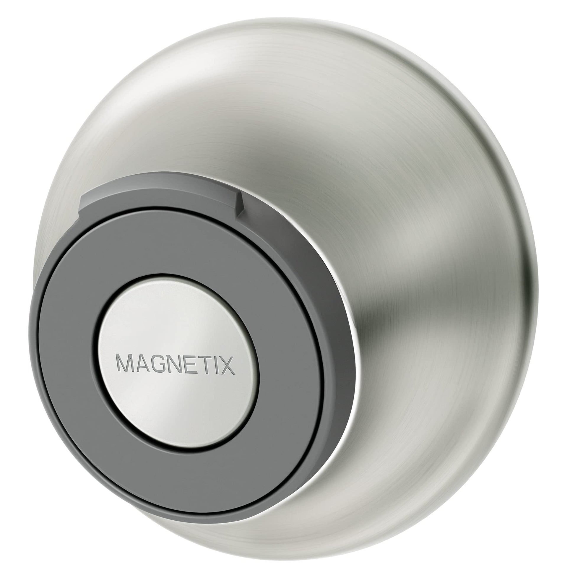 Brushed nickel magnetic cradle with circular opening holding gray and white Magnetix remote control.