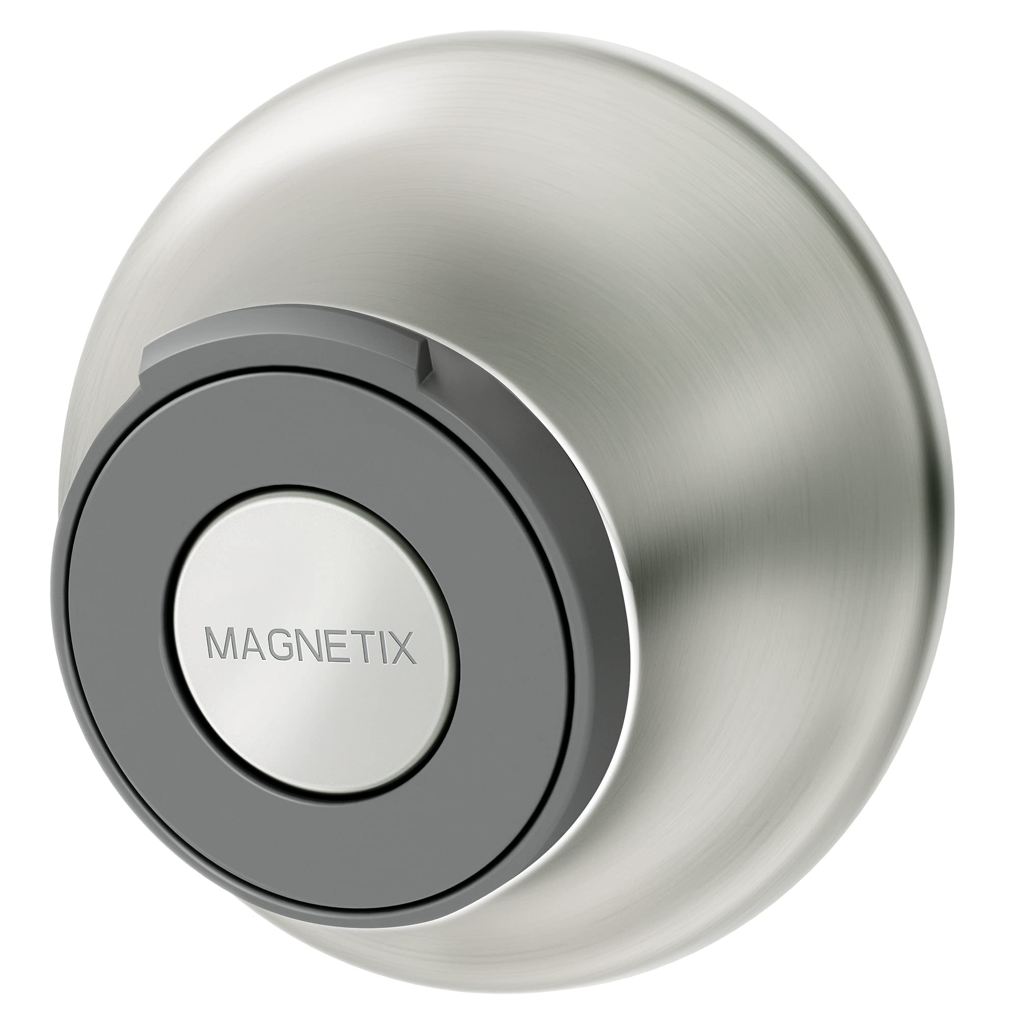 Brushed nickel magnetic cradle with circular opening holding gray and white Magnetix remote control.