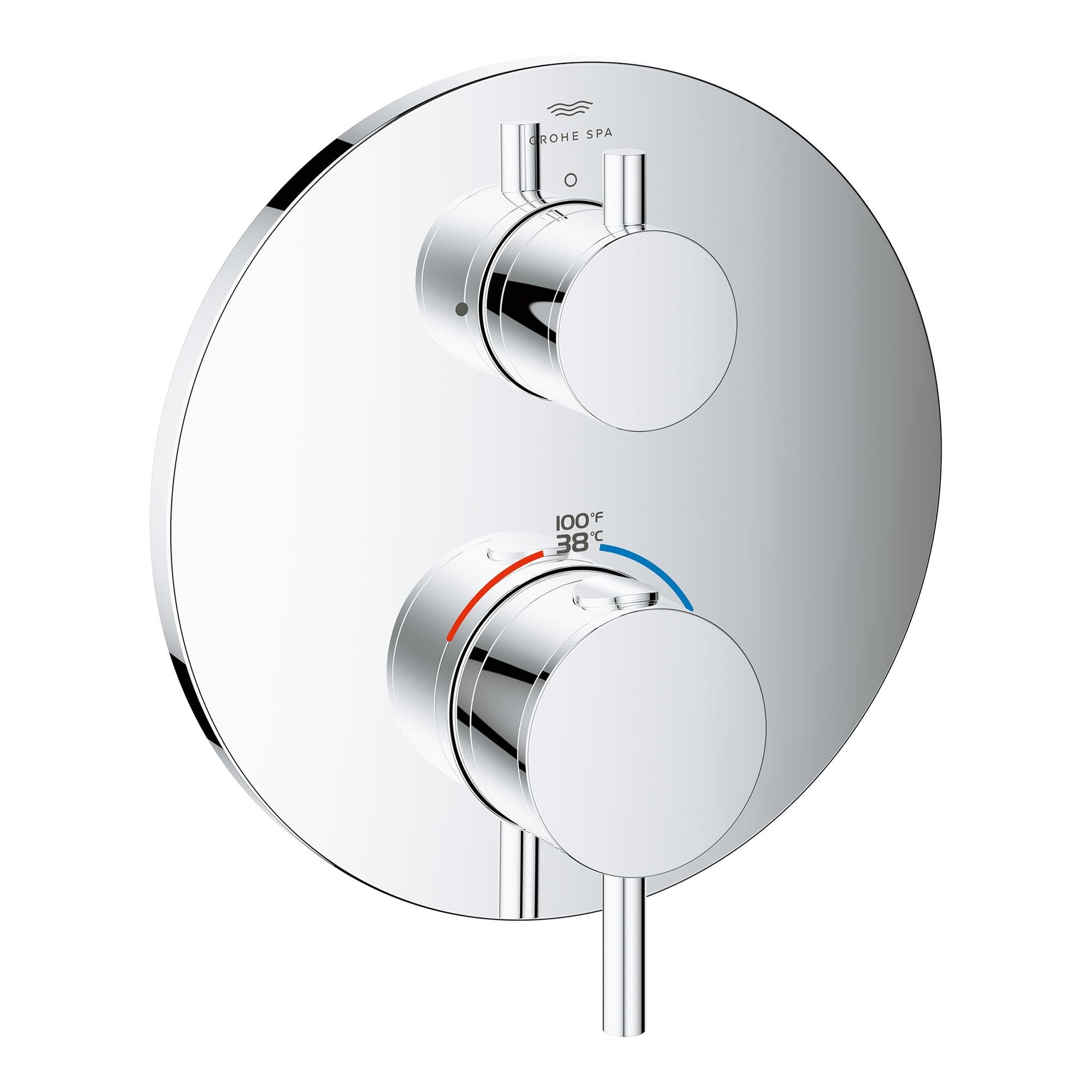 Chrome thermostatic valve trim with circular escutcheon plate, two round handles, and temperature gauge displaying Fahrenheit