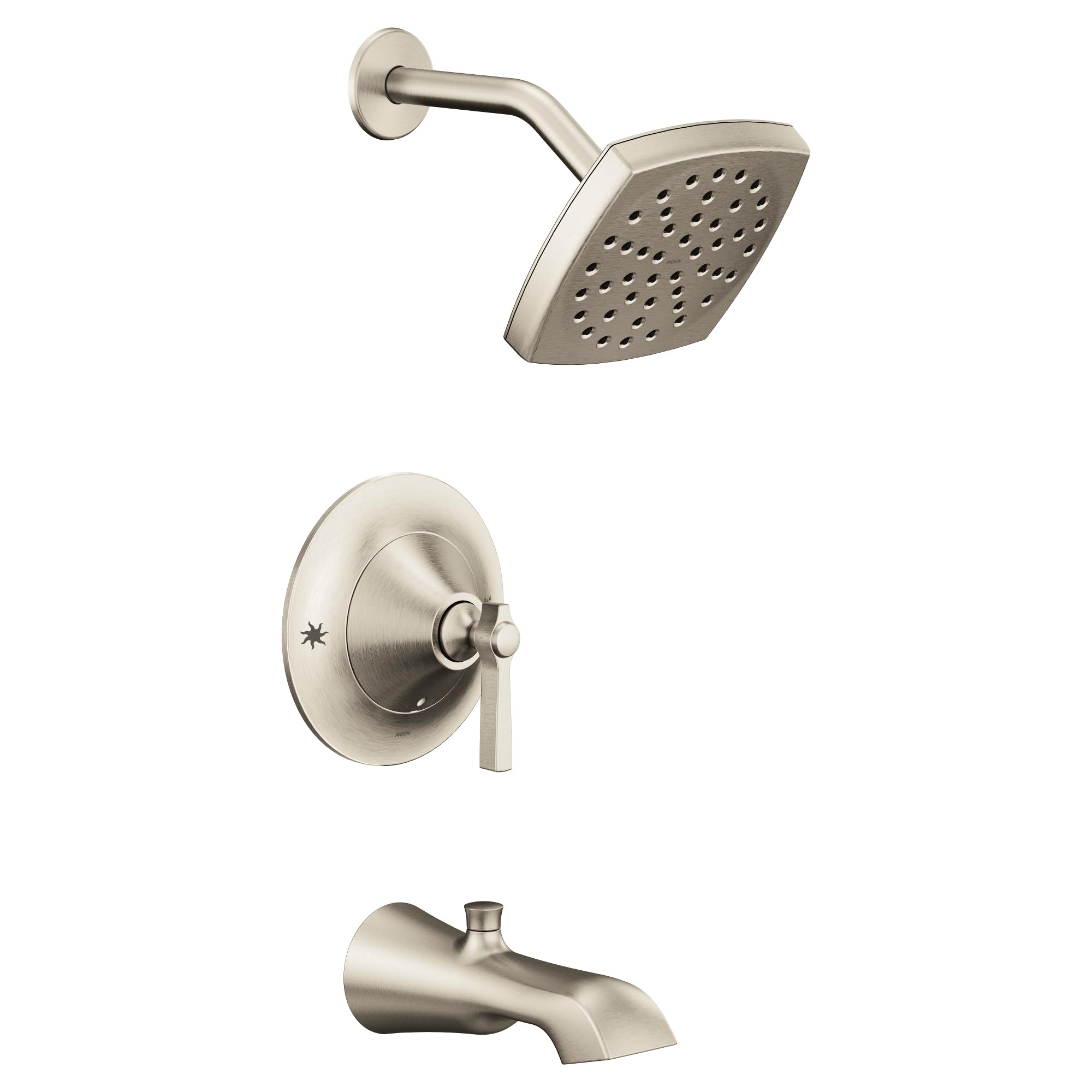 Brushed nickel tub and shower trim kit with square showerhead, curved arm, lever handle, and tub spout.