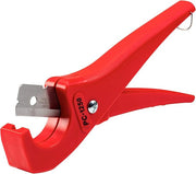 Red plastic pipe cutter with metal cutting blade and trigger handle mechanism.