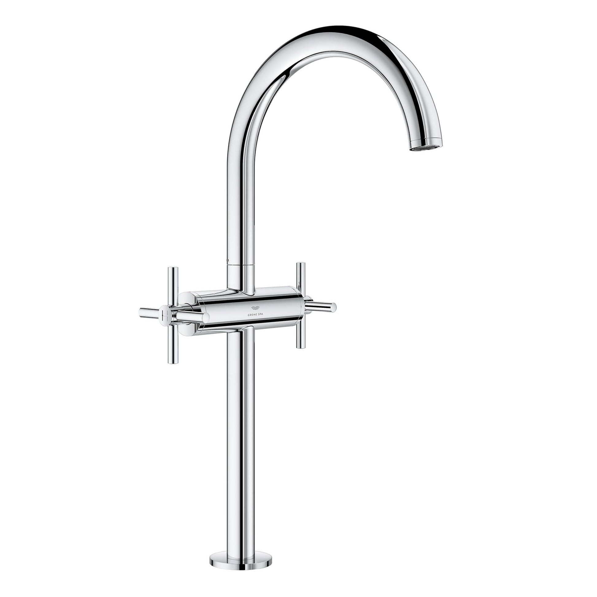 Chrome bathroom faucet with curved spout and two cross-handles mounted on single base.