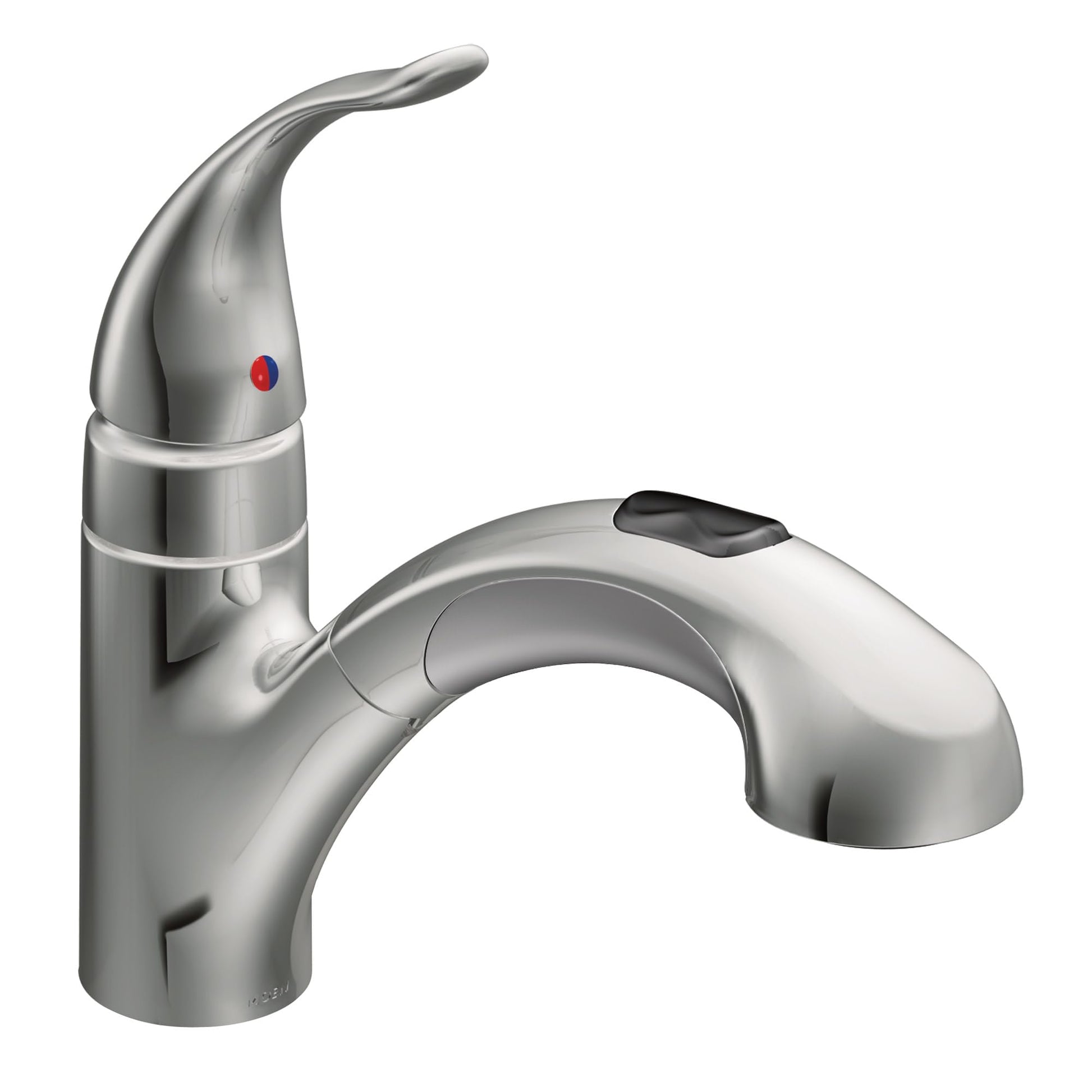 Chrome single-handle kitchen faucet with curved spout and red indicator dot on lever.