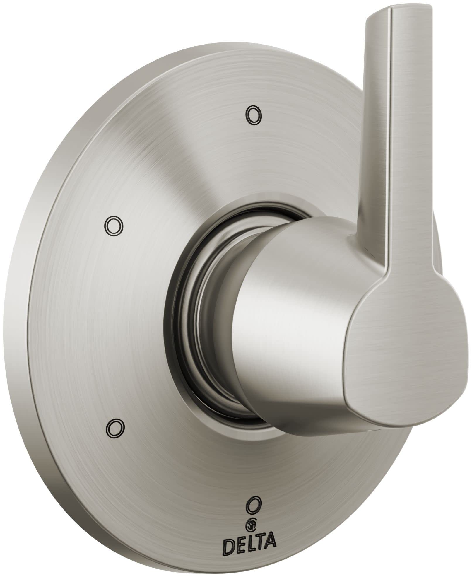 Brushed nickel Delta diverter trim with round escutcheon plate and single lever handle mounted on white background.