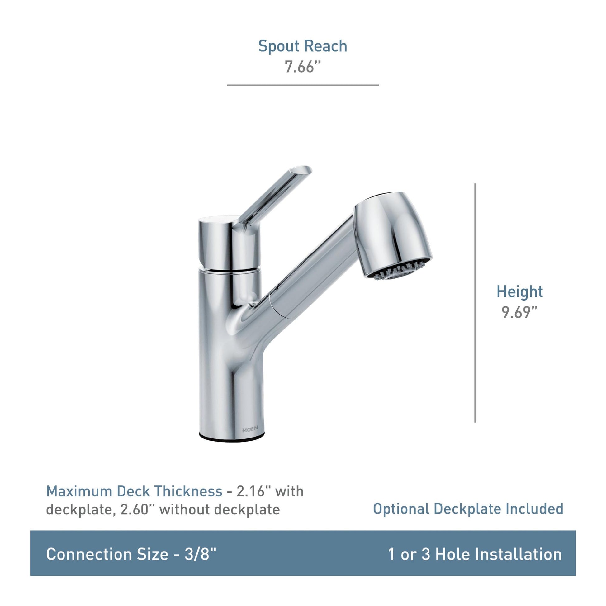 Chrome single-handle kitchen faucet with pullout sprayer head and angled spout.