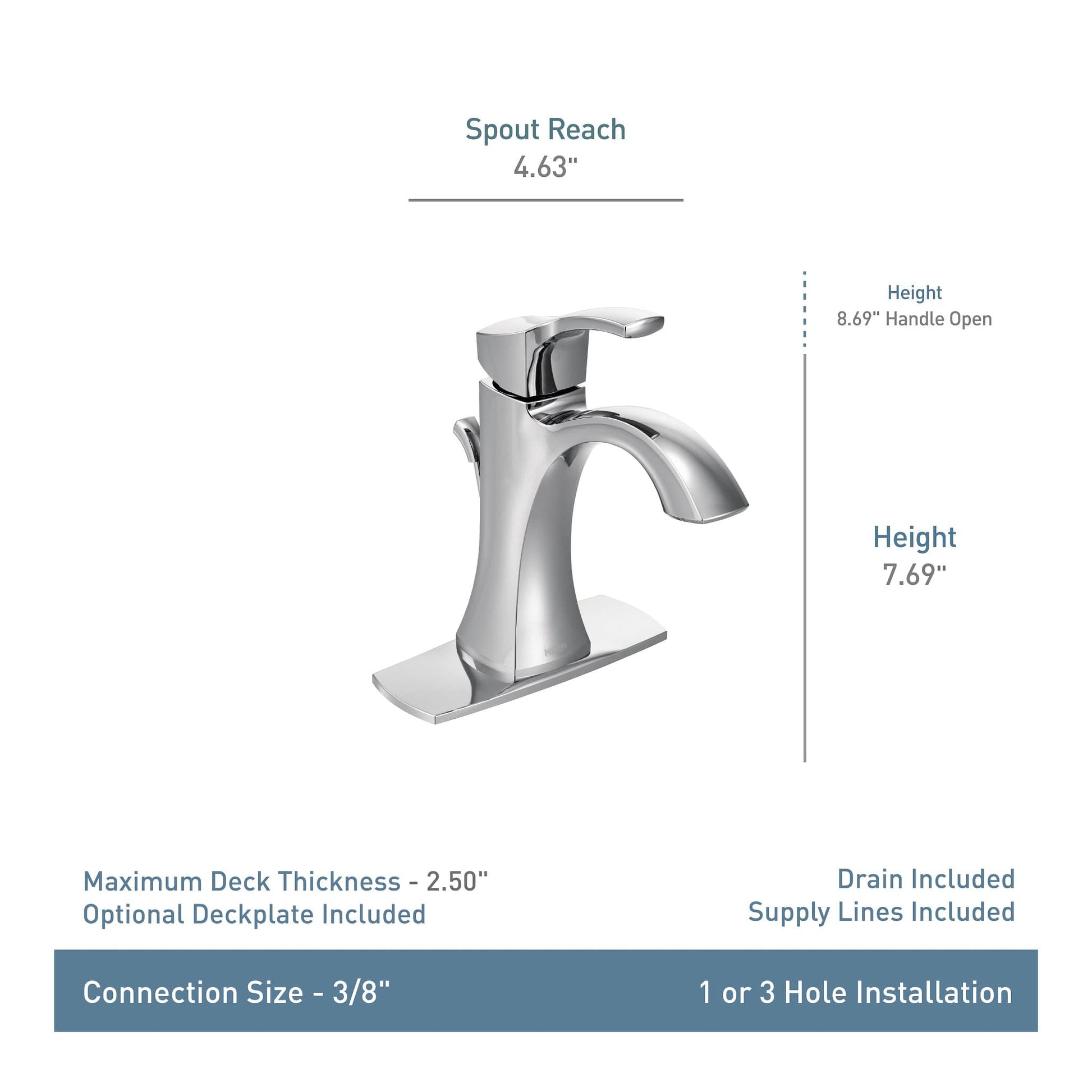 Moen Voss single-handle bathroom sink faucet in matte black with curved spout and rectangular base, shown with dimensions and