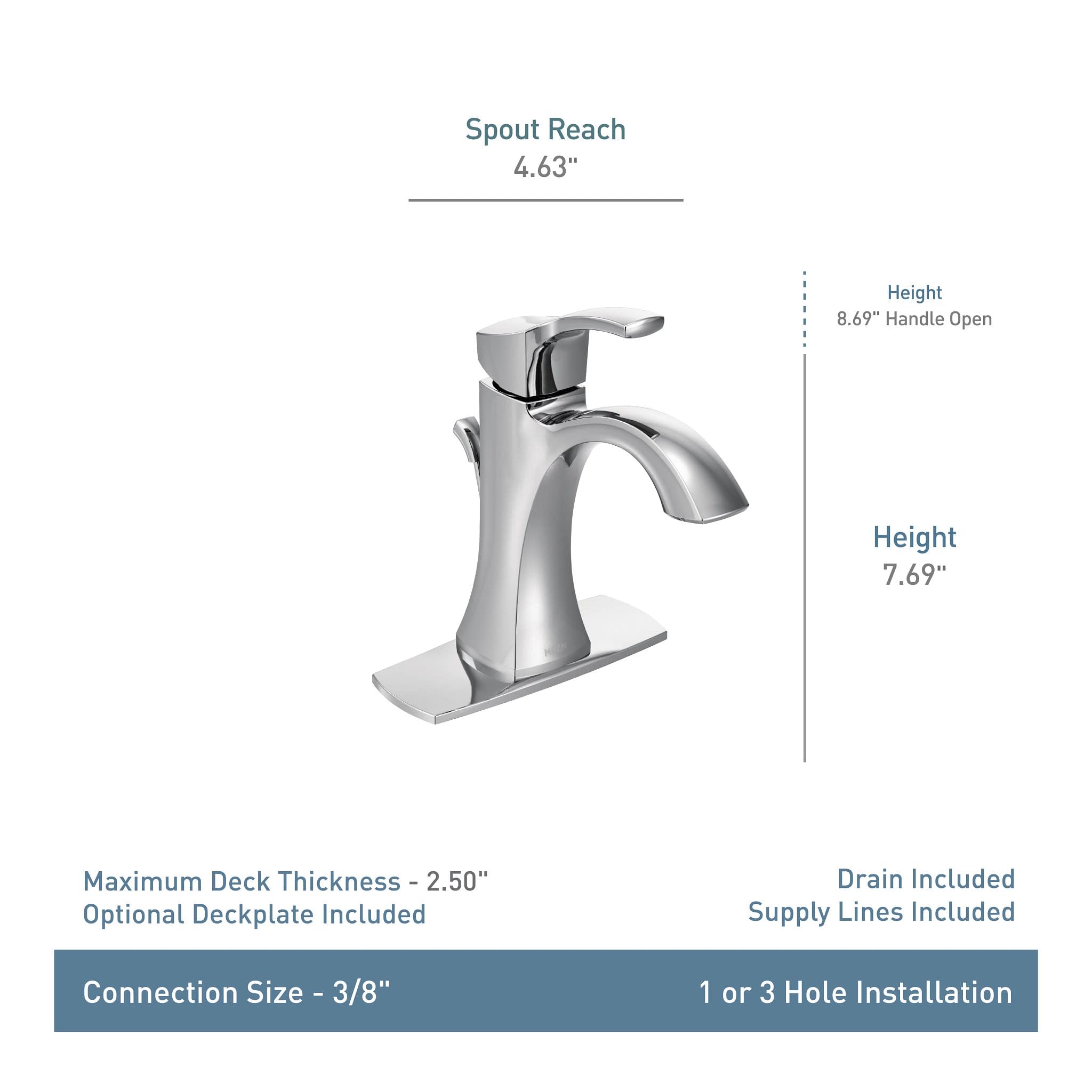 Moen Voss single-handle bathroom sink faucet in matte black with curved spout and rectangular base, shown with dimensions and