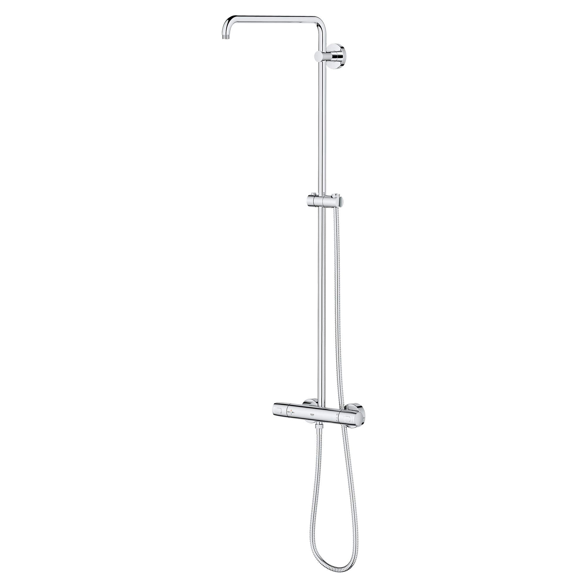 Chrome thermostatic shower system with overhead rectangular showerhead, handheld wand, and vertical slide bar.
