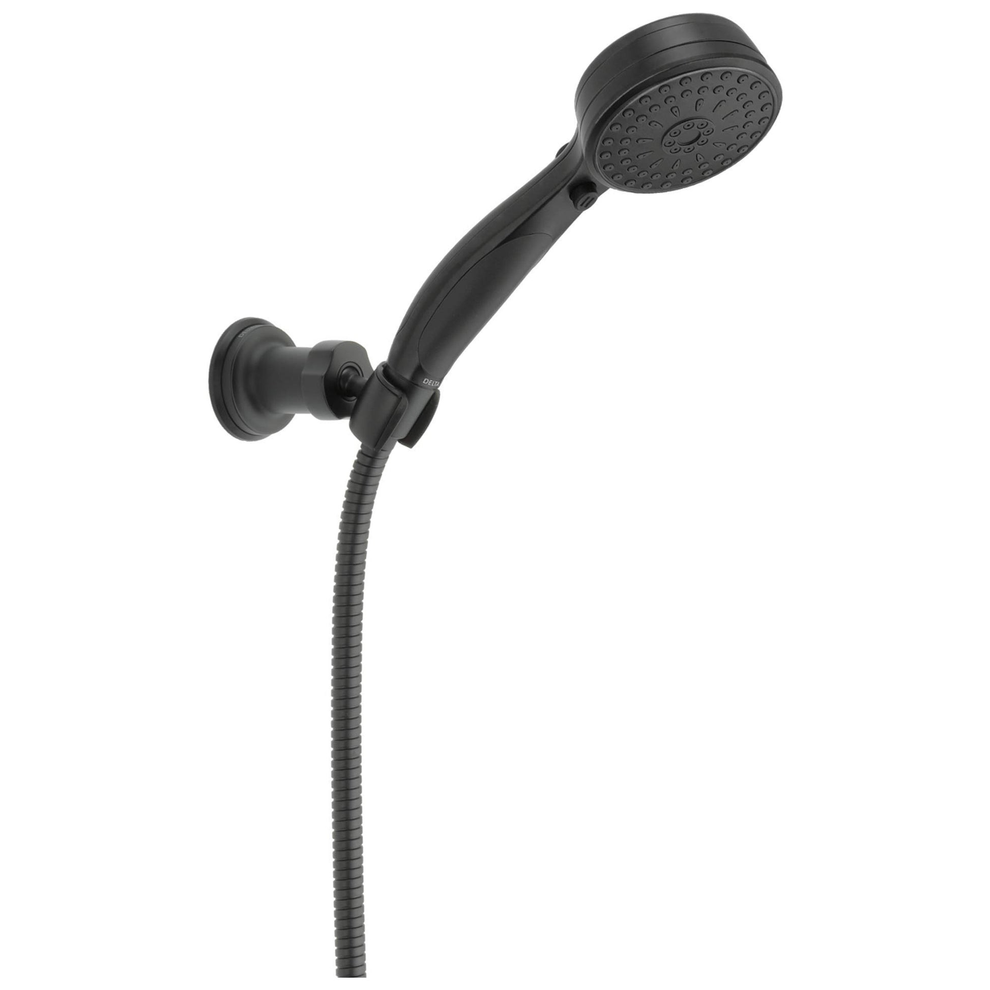 Black handheld shower head with perforated face, mounted wall bracket, and flexible hose connection.