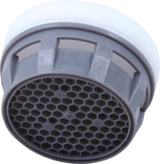 Chrome aerator with white collar and hexagonal mesh screen for faucet water flow control.