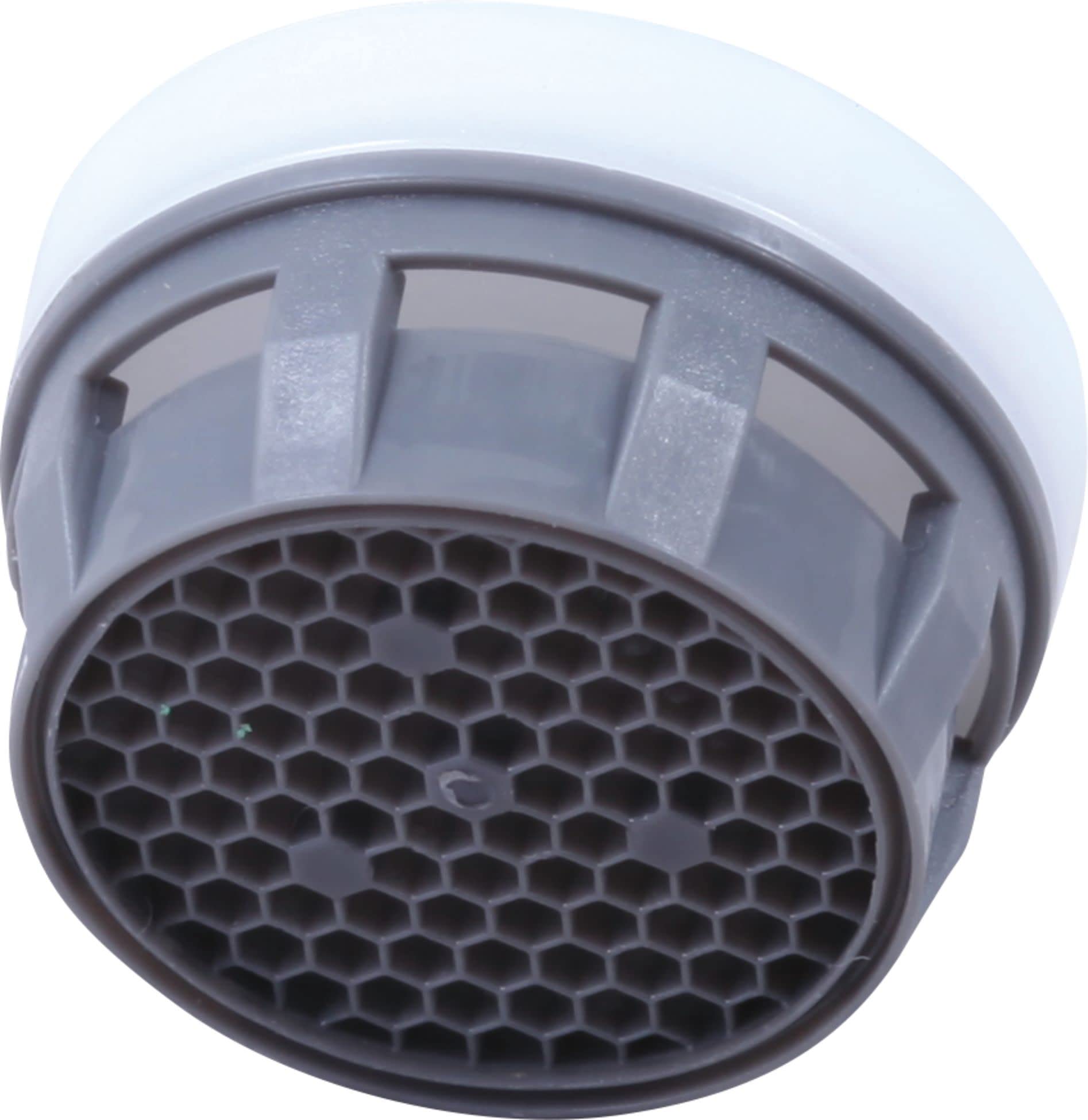 Chrome aerator with white collar and hexagonal mesh screen for faucet water flow control.