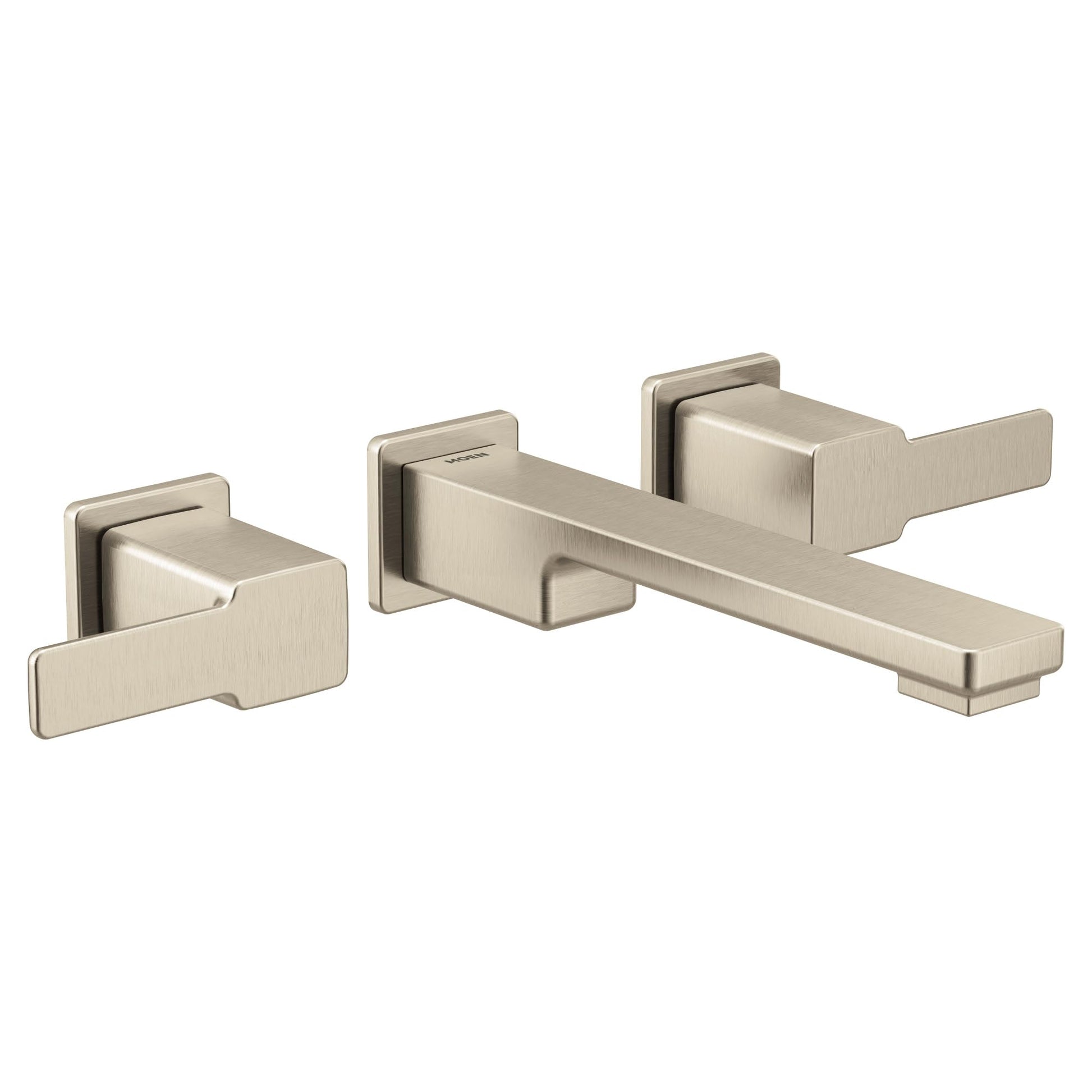 Brushed nickel wall-mount bathroom faucet trim with two lever handles and angular spout design.