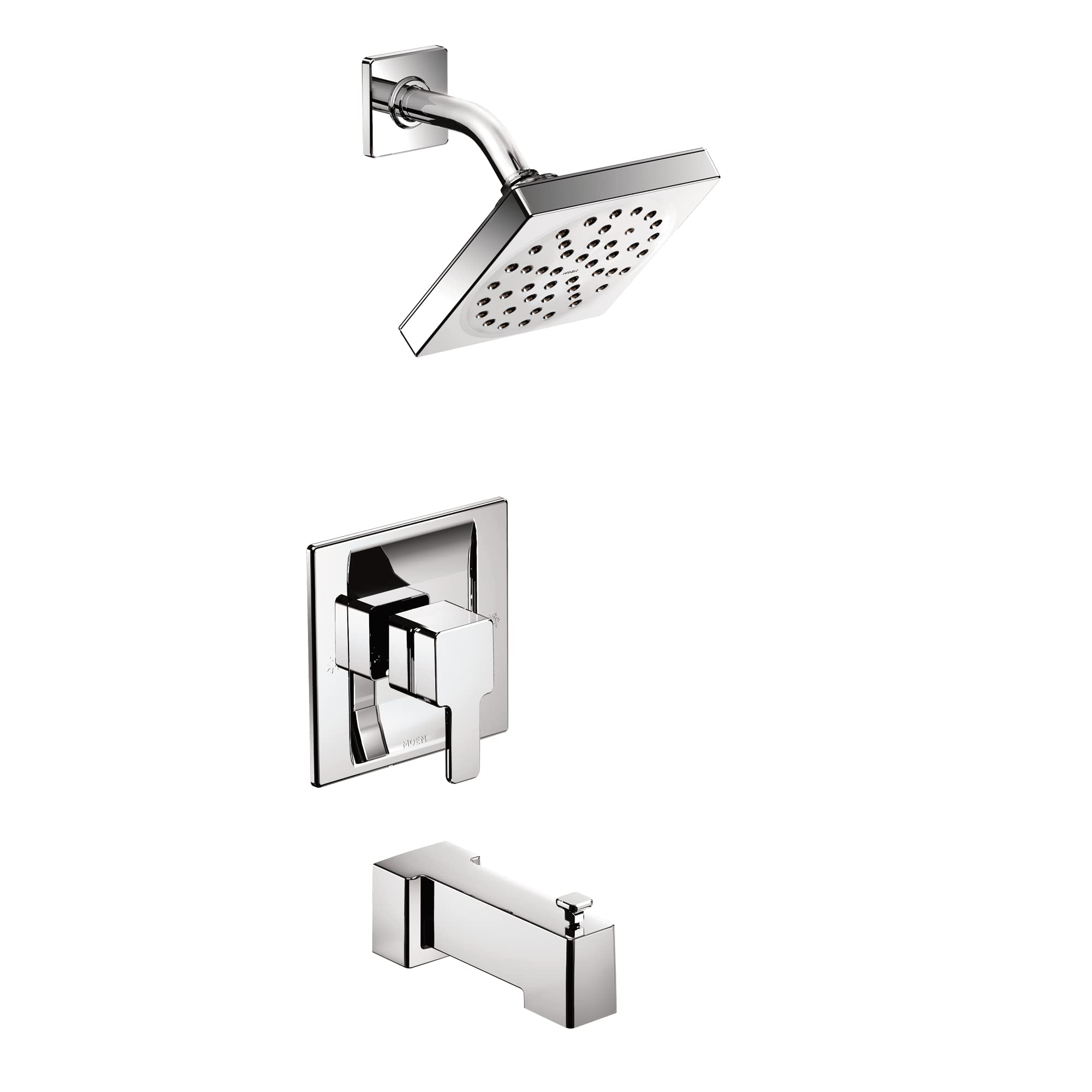 Moen 90 Degree Modern Single Handle Tub and Shower Trim with Square Shower Head and Handle Set Tub Spout Eco Performance Results in Even Water Flow High Pressure Shower Heads in Chrome - TS2713EP