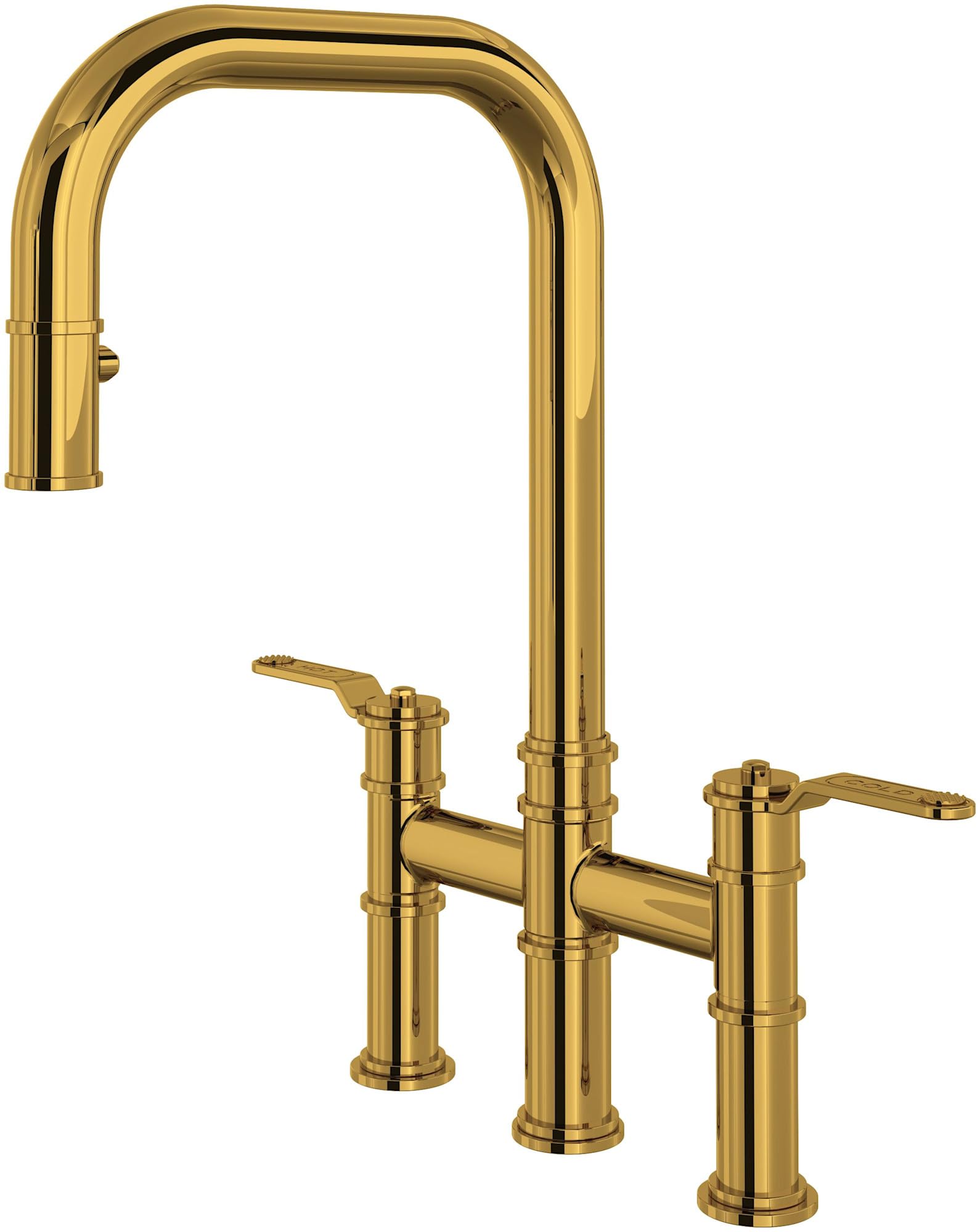 Unlacquered brass pull-down bridge kitchen faucet with U-shaped spout and dual lever handles.