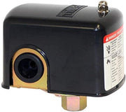 Black pressure switch with gold inlet port, manual lever on top, and red danger label on side.