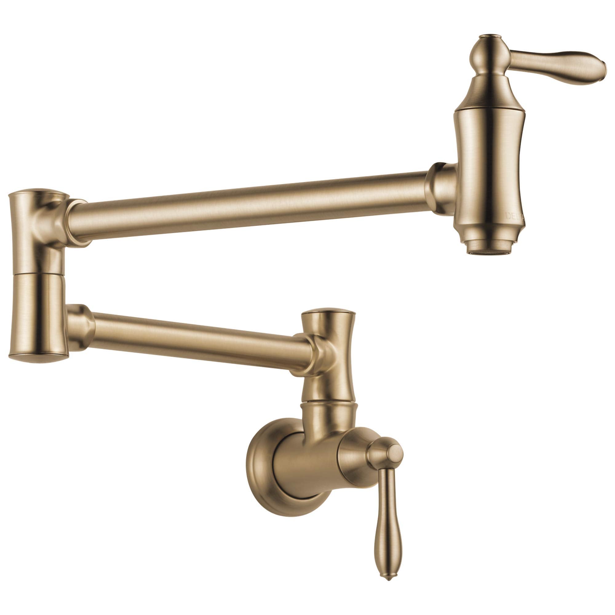 Champagne bronze wall-mounted pot filler faucet with dual articulating arms and lever handle.