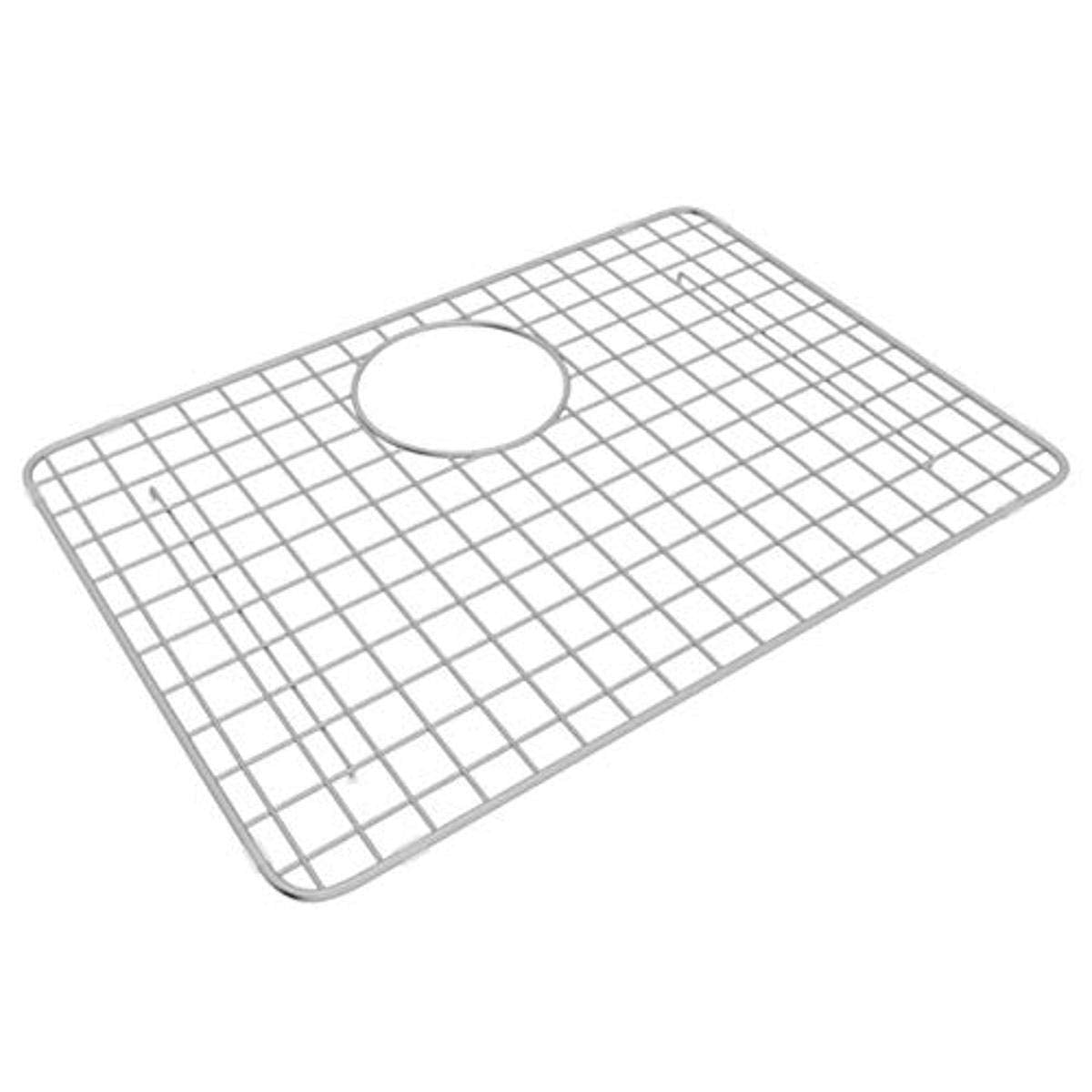 Stainless steel wire grid with square mesh pattern and circular drain opening for kitchen or laundry sink.