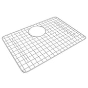 Stainless steel wire grid with square mesh pattern and circular drain opening for kitchen or laundry sink.