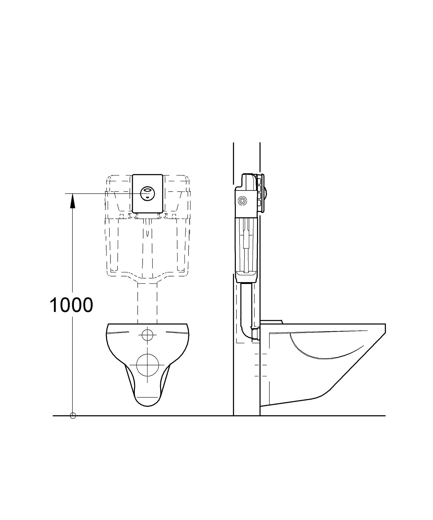 White rectangular wall plate with central circular opening, shown in technical installation diagram with mounting hardware an