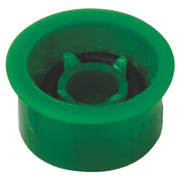 Green plastic flow rate limiter cartridge with black internal mechanism and mounting tabs visible from above.