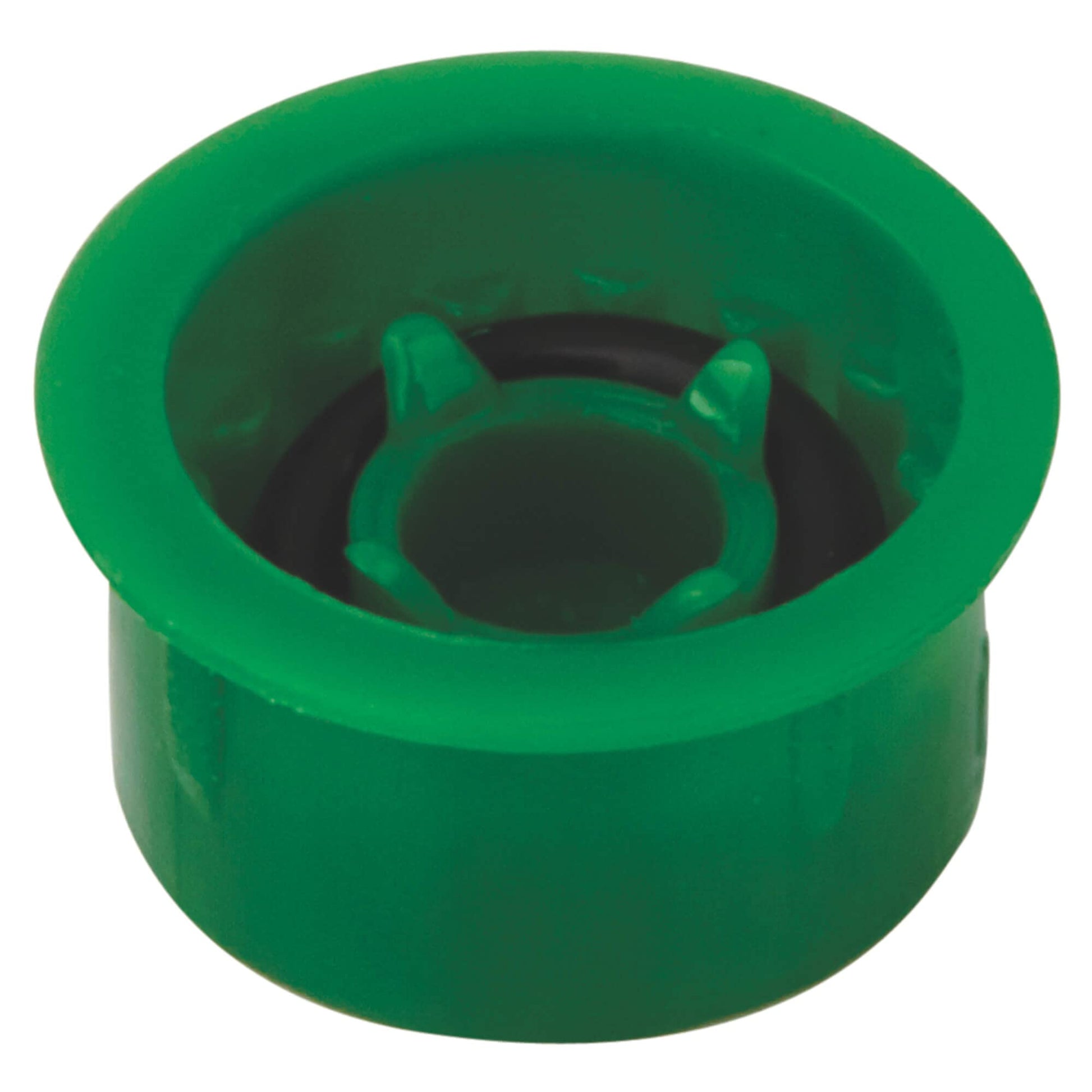 Green plastic flow rate limiter cartridge with black internal mechanism and mounting tabs visible from above.