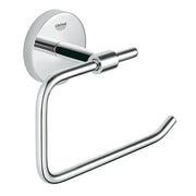 Chrome toilet paper holder with circular wall mount and curved bar arm.