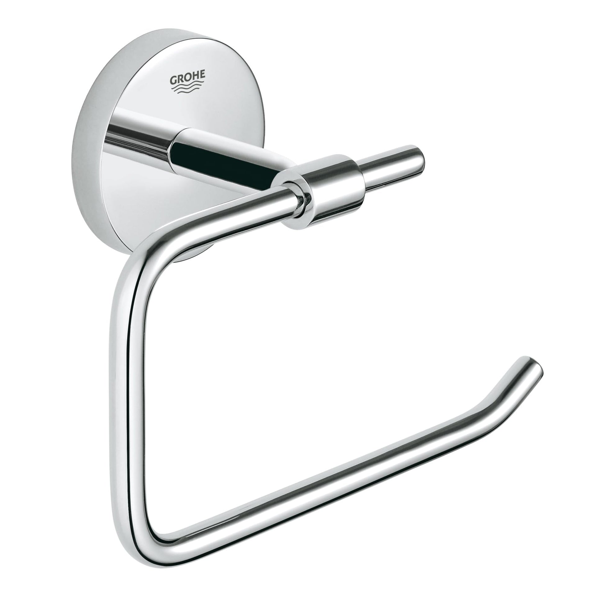 Chrome toilet paper holder with circular wall mount and curved bar arm.