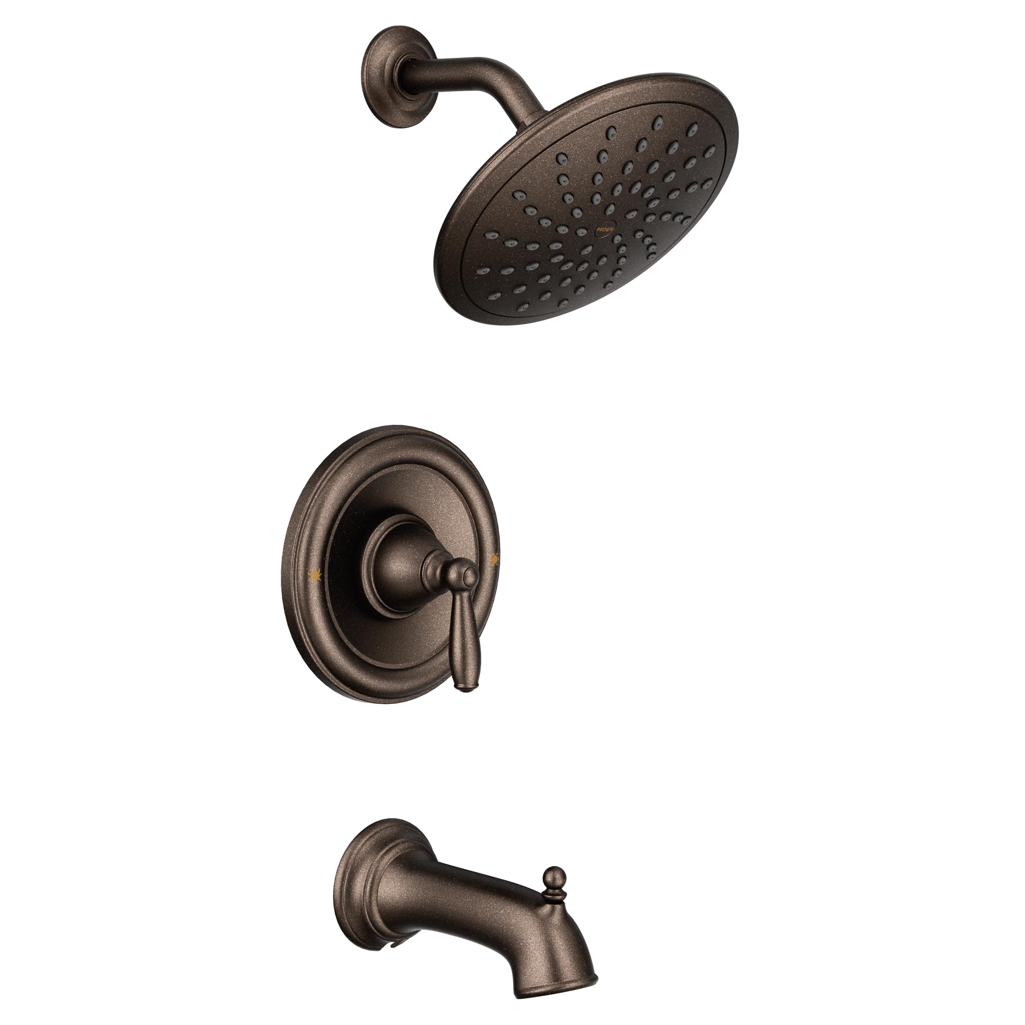 Oil rubbed bronze tub and shower trim kit with 8-inch rainshower head, control valve, and tub spout.