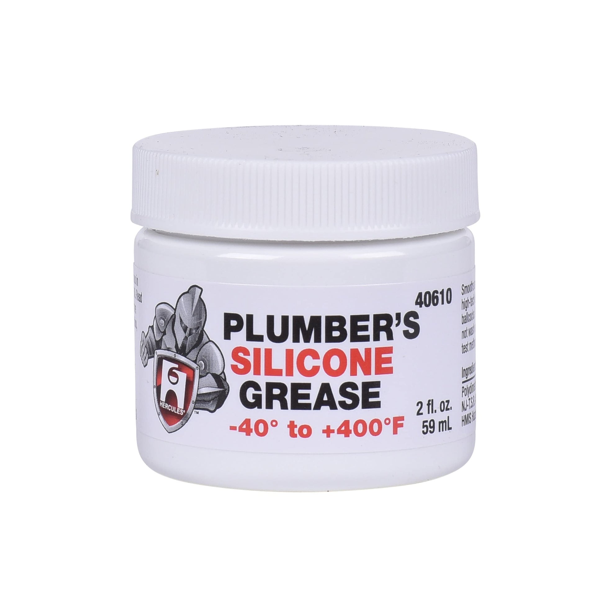 White plastic jar of Hercules Plumber's Silicone Grease with white threaded lid, labeled 40610, 2 fl. oz., temperature range 