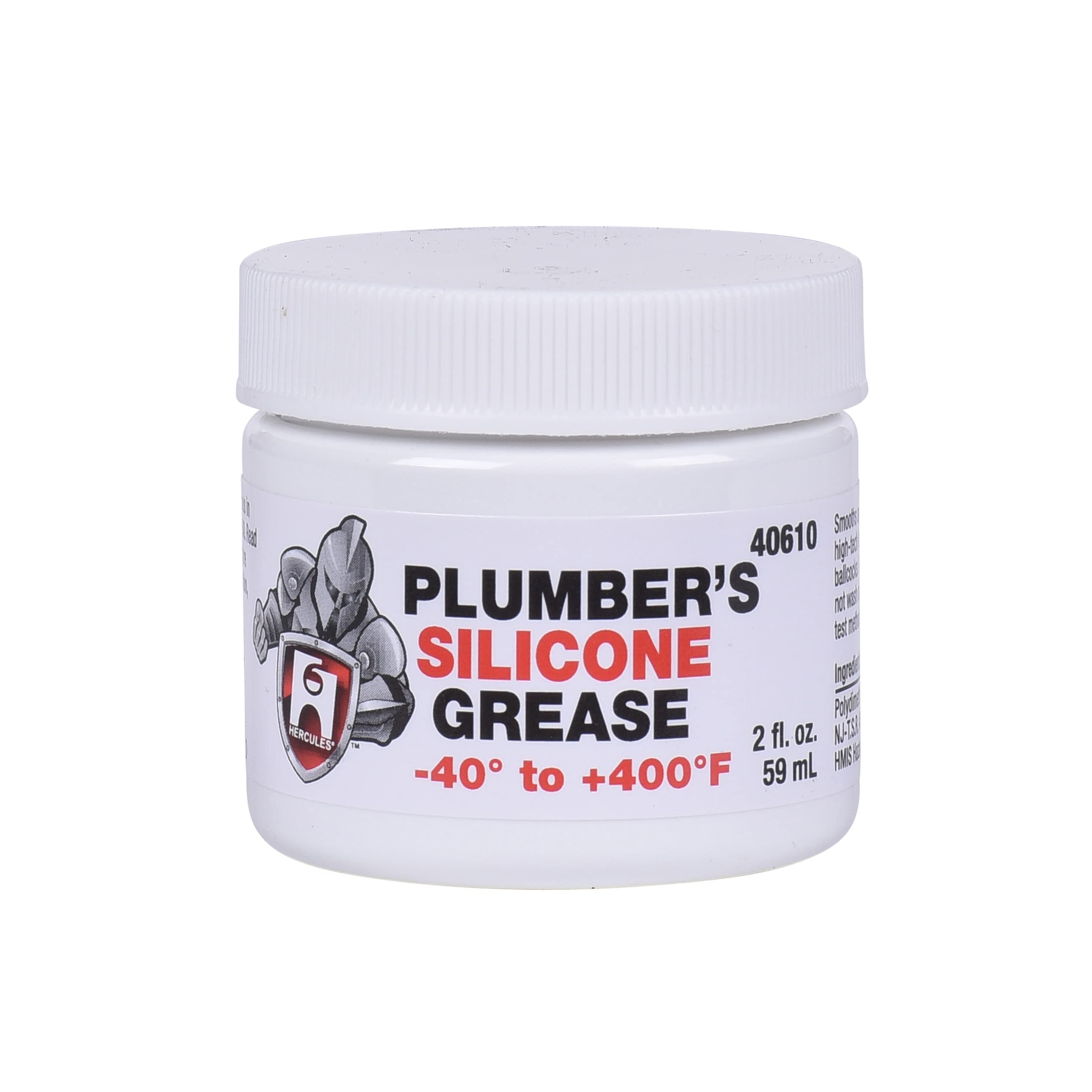 White plastic jar of Hercules Plumber's Silicone Grease with white threaded lid, labeled 40610, 2 fl. oz., temperature range 