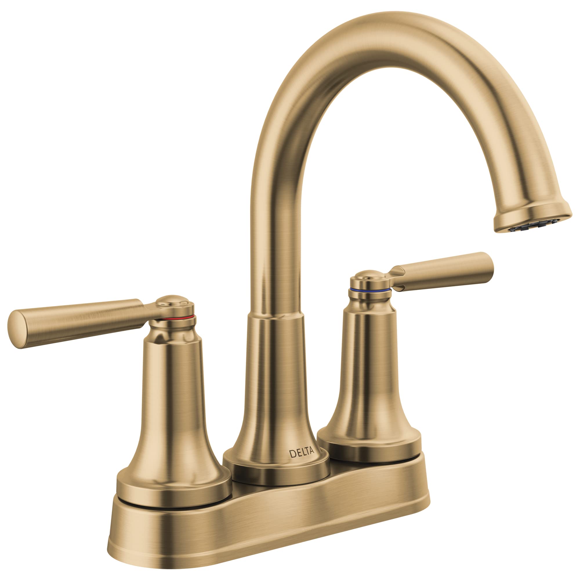 Champagne bronze two-handle bathroom faucet with curved spout and lever handles on shared base.