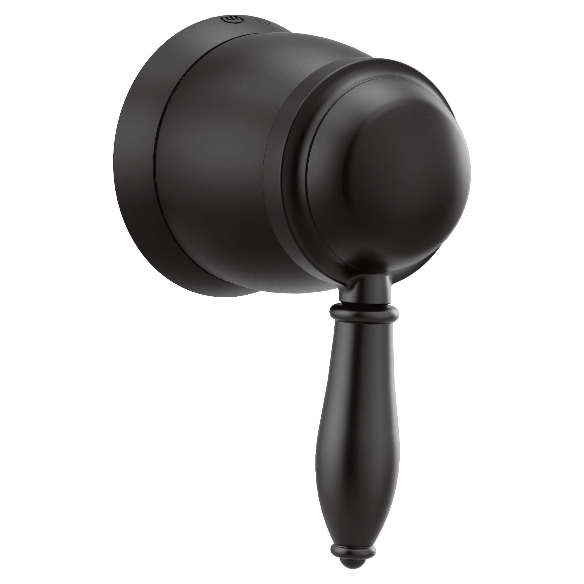 Matte black spherical volume control trim with cylindrical handle and wall-mounted escutcheon plate.