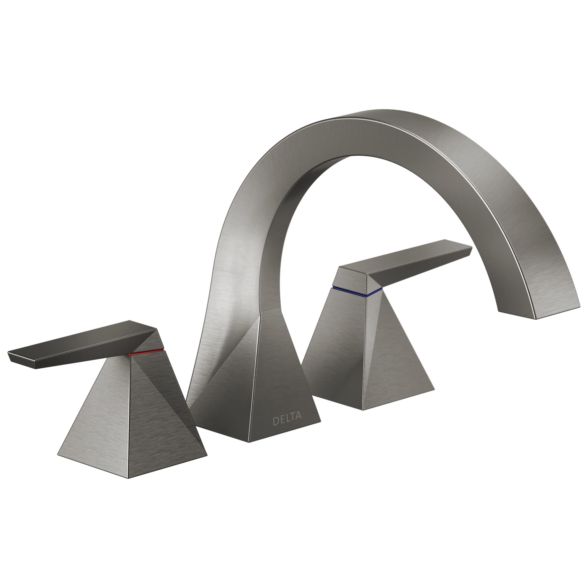 Chrome arc-shaped bathtub faucet trim with two pyramid-shaped handles and curved spout.