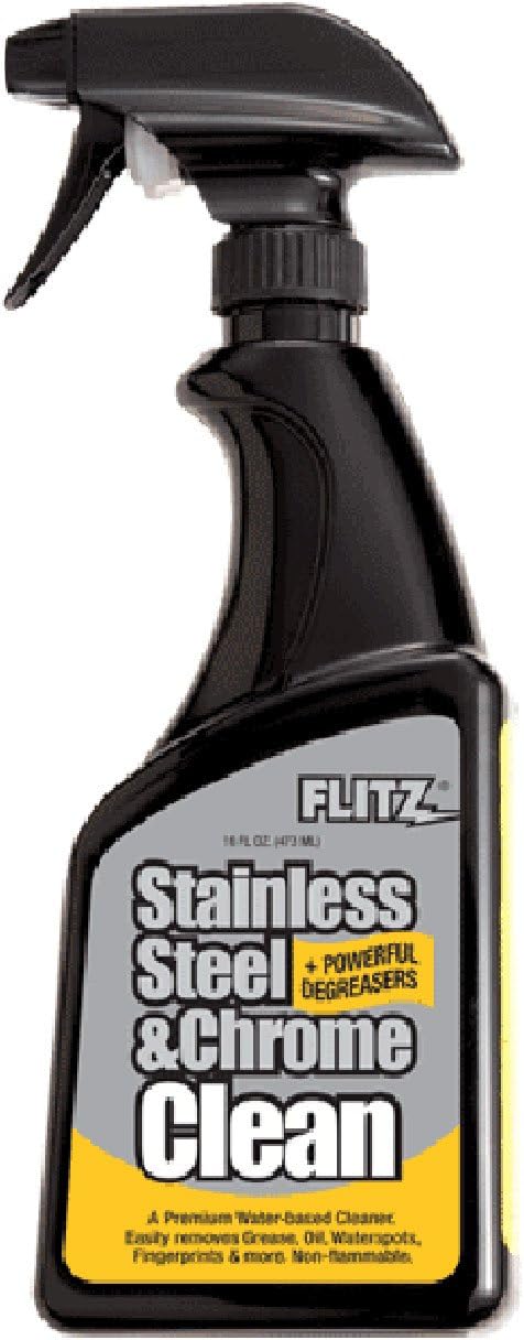 Black spray bottle of Flitz Stainless Steel & Chrome Clean with trigger handle and yellow label.