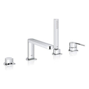 Chrome four-hole roman tub faucet set with single handle spout, vertical hand shower, and two deck-mounted controls.