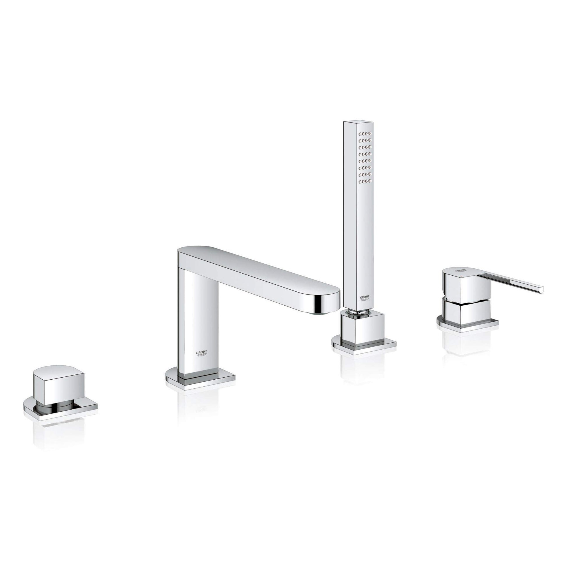 Chrome four-hole roman tub faucet set with single handle spout, vertical hand shower, and two deck-mounted controls.