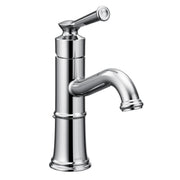 Chrome single-handle bathroom sink faucet with curved spout and lever handle control.