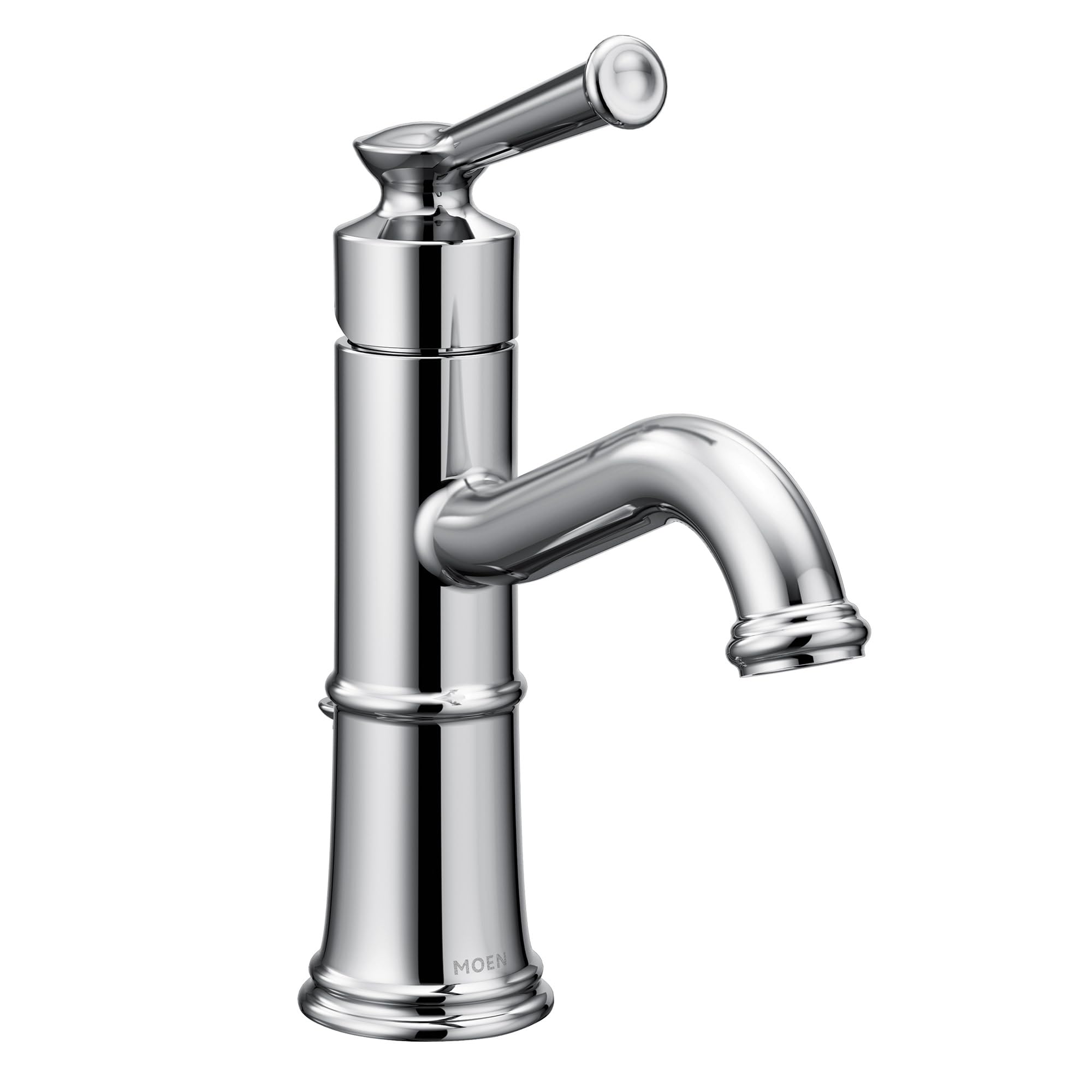 Chrome single-handle bathroom sink faucet with curved spout and lever handle control.