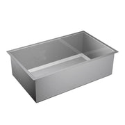 Stainless steel undermount kitchen sink with single bowl and divider, brushed finish.