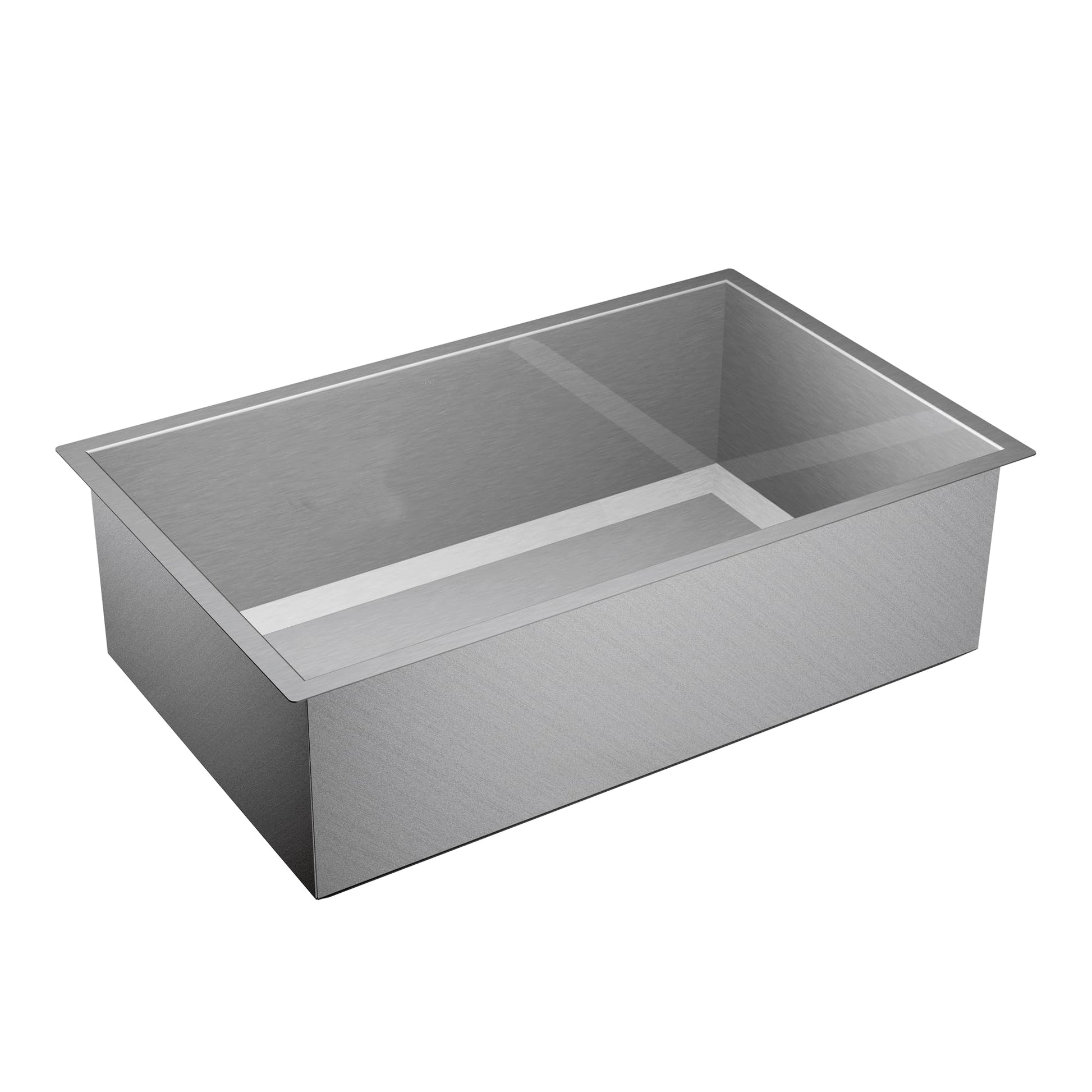 Stainless steel undermount kitchen sink with single bowl and divider, brushed finish.