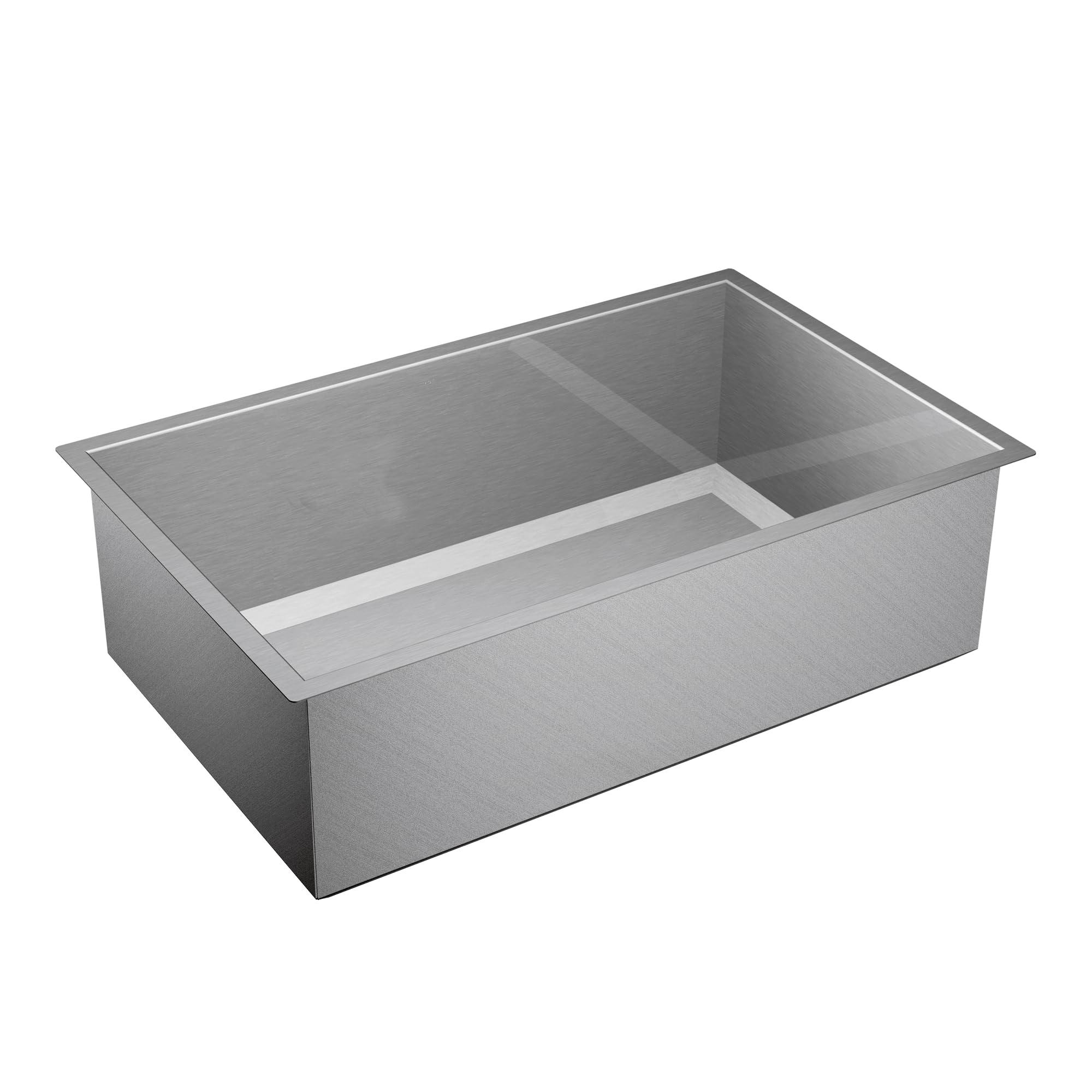Stainless steel undermount kitchen sink with single bowl and divider, brushed finish.