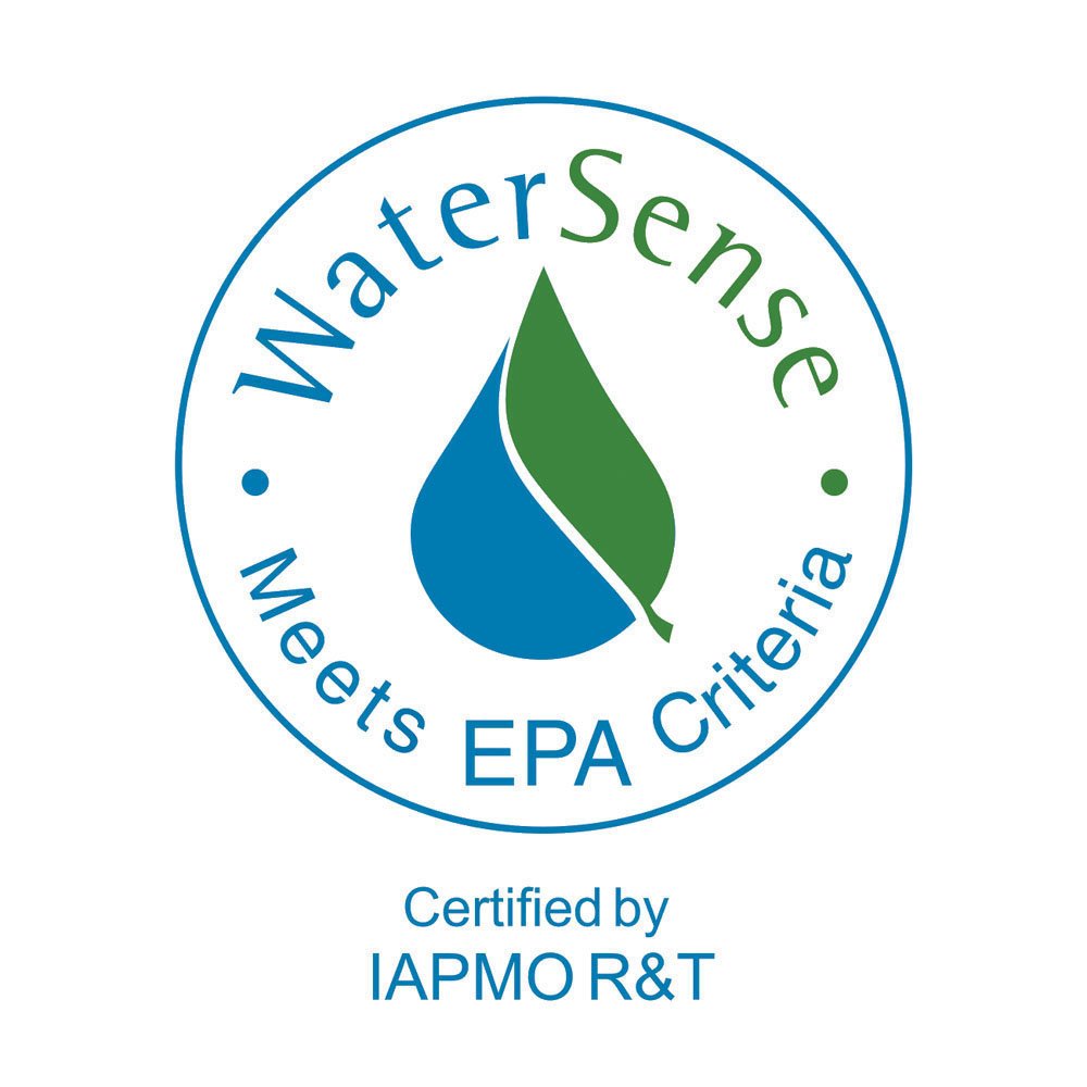 WaterSense certification badge with blue water droplet and green leaf, meets EPA criteria, certified by IAPMO R&T.